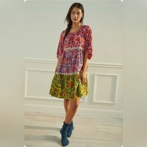 Anthropologie floral empire dress pink yellow, maximalist, size XL